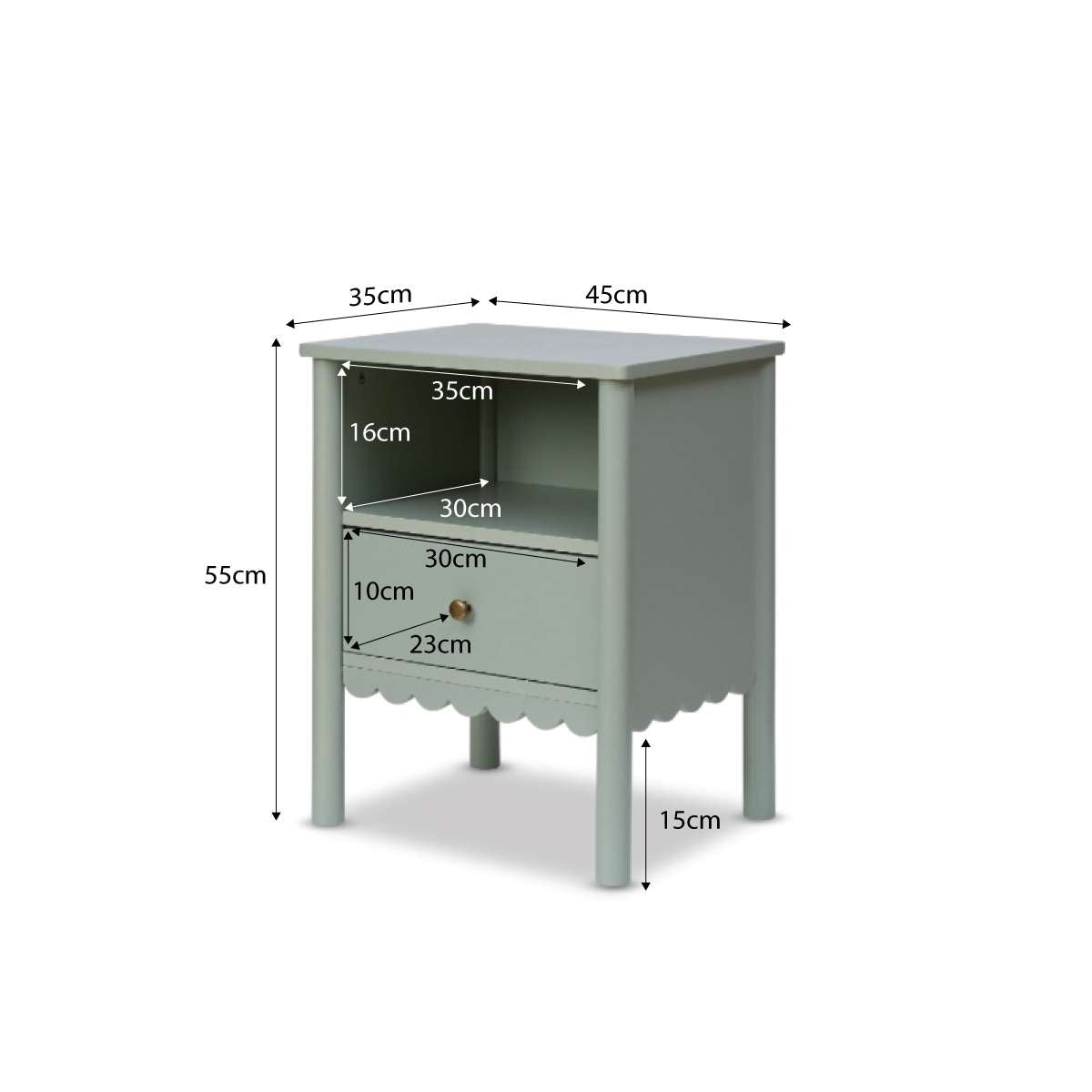 Maisie Scalloped Bedside Table - Sage Green - Mocka New Zealand