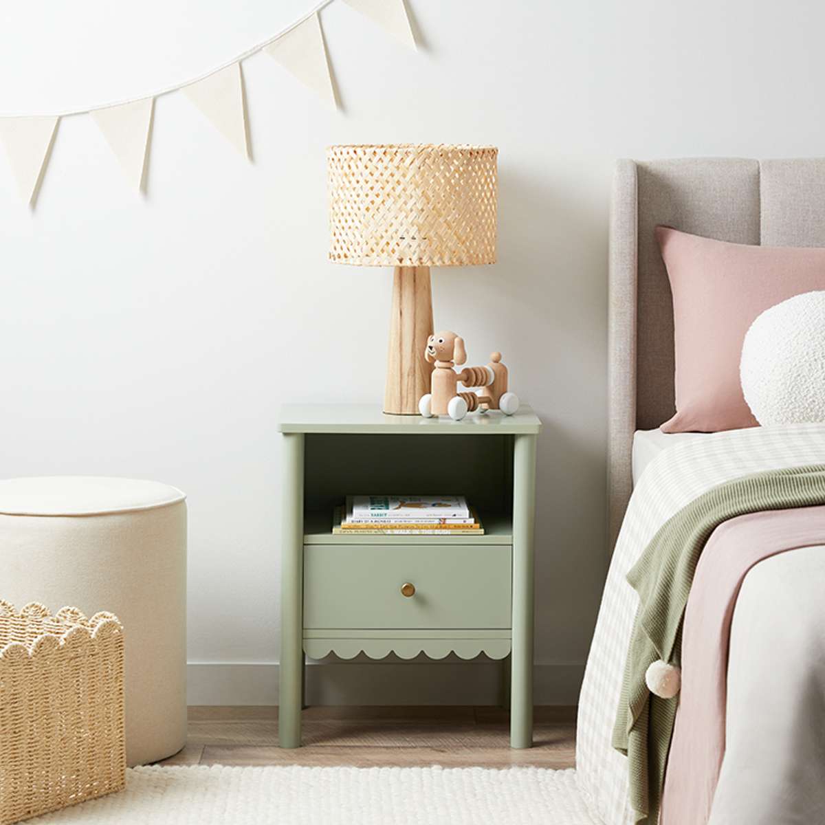 Maisie Scalloped Bedside Table - Sage Green - Mocka New Zealand