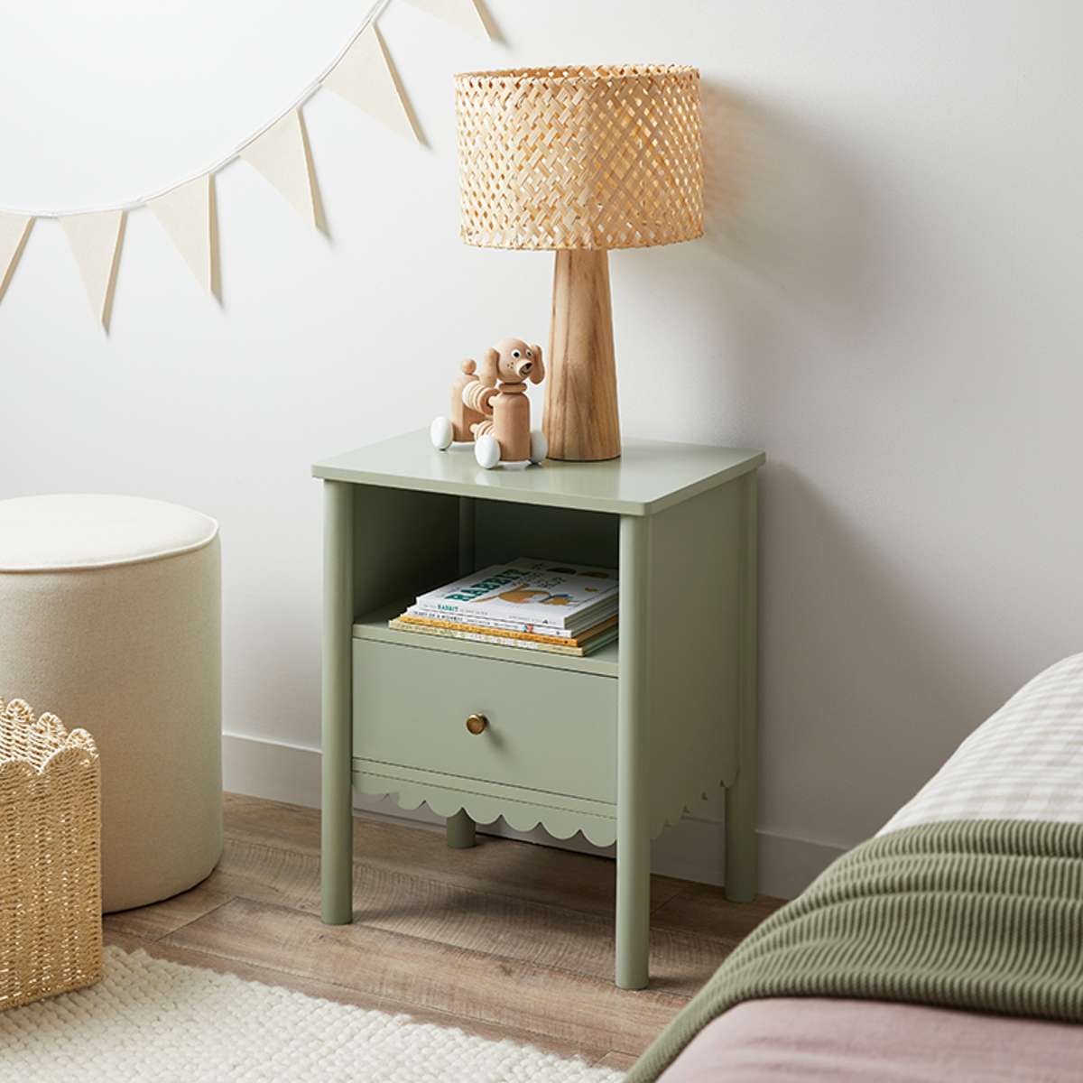 Maisie Scalloped Bedside Table - Sage Green - Mocka New Zealand
