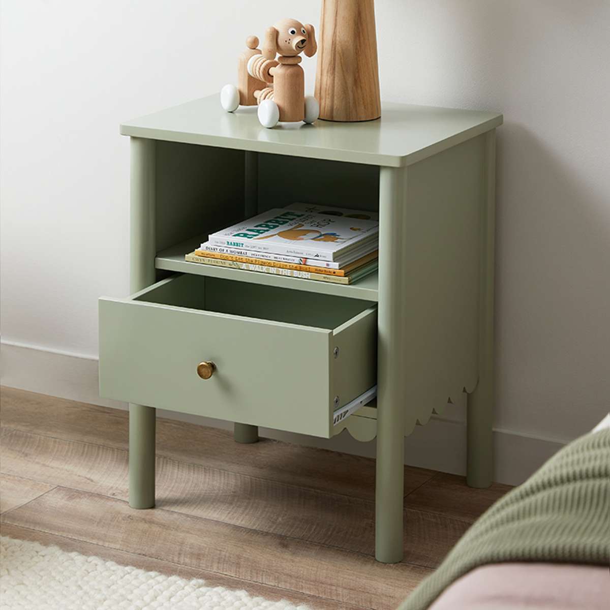 Maisie Scalloped Bedside Table - Sage Green - Mocka New Zealand