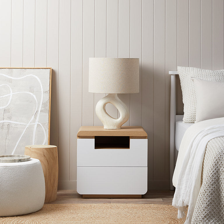 Rhodes Bedside Table - White/Natural - Mocka New Zealand