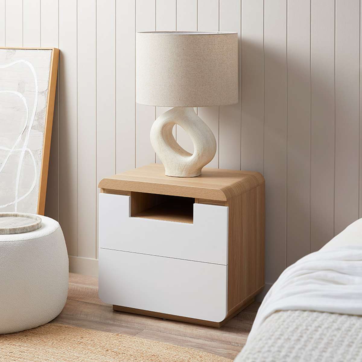 Rhodes Bedside Table - White/Natural - Mocka New Zealand