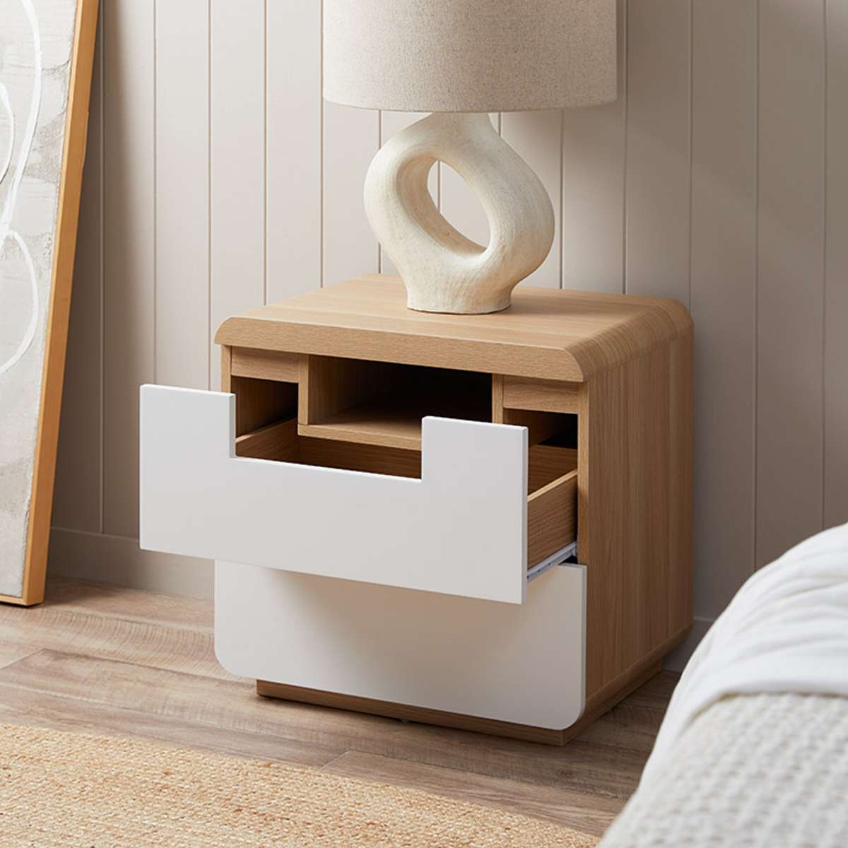 Rhodes Bedside Table - White/Natural - Mocka New Zealand