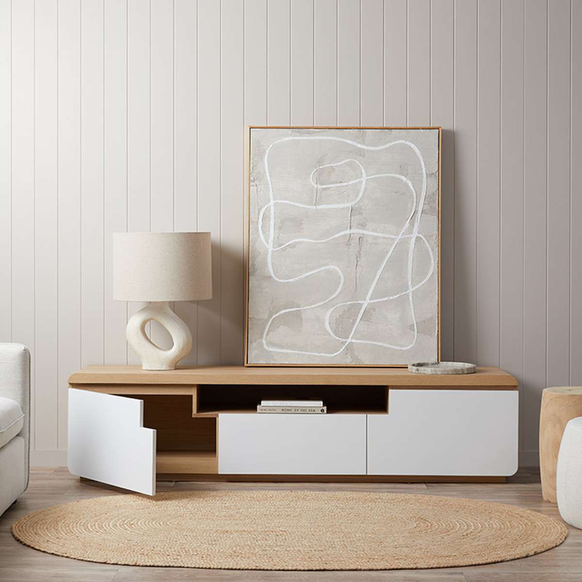 Rhodes Entertainment Unit - White/Natural - Mocka New Zealand