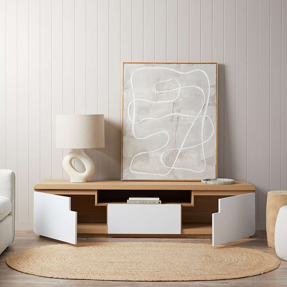 Rhodes Entertainment Unit - White/Natural - Mocka New Zealand