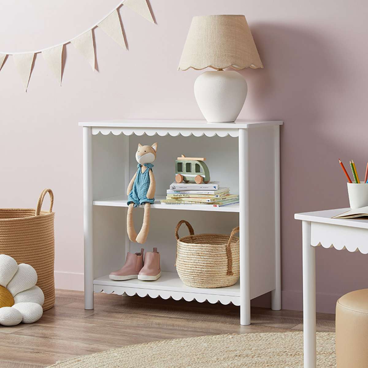 Mini Maisie Scalloped Low Bookcase - White - Mocka New Zealand