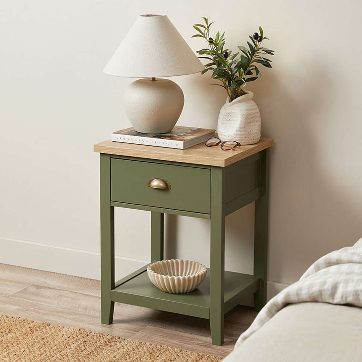 Hastings Bedside Table - Olive Green/Natural - Mocka New Zealand
