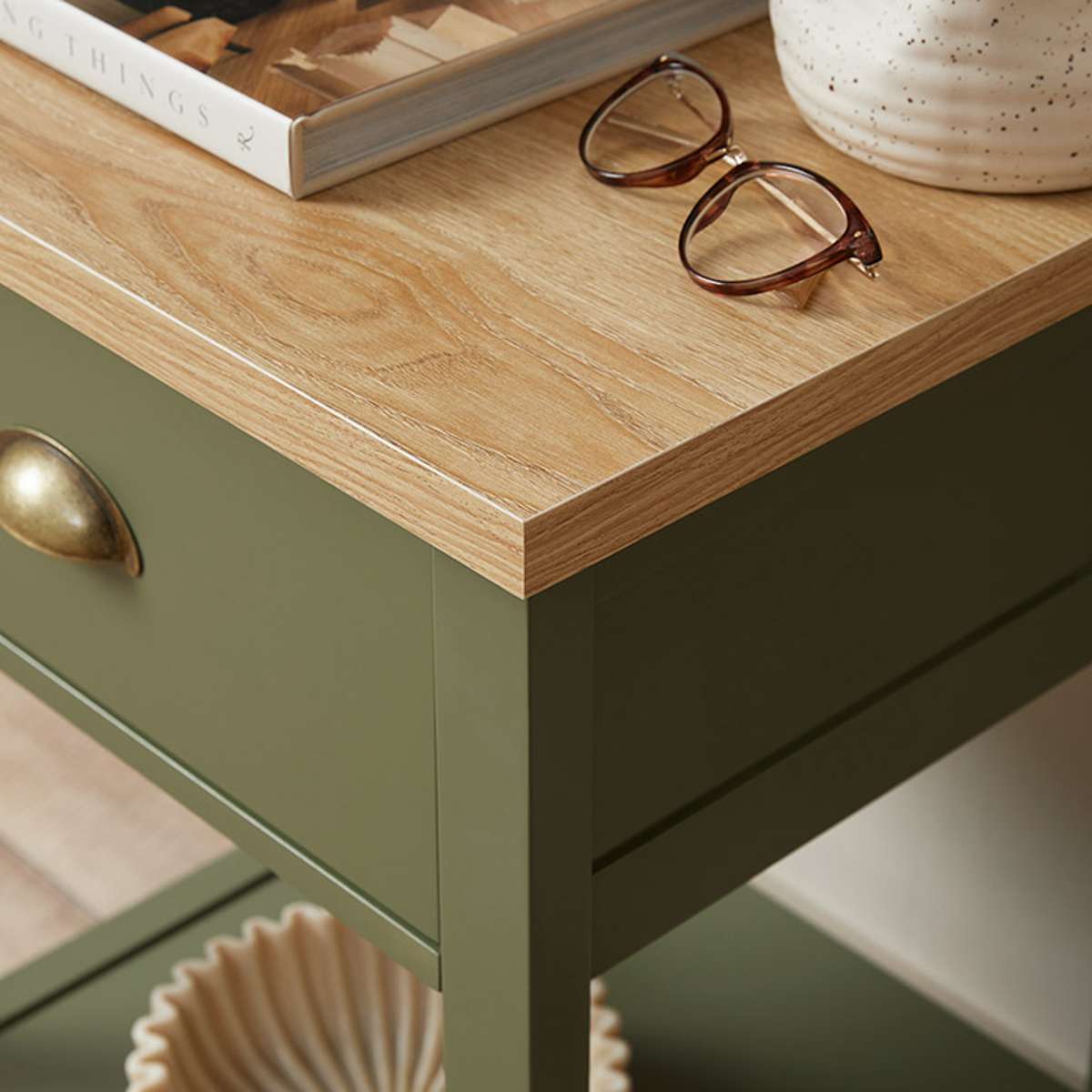 Hastings Bedside Table - Olive Green/Natural - Mocka New Zealand