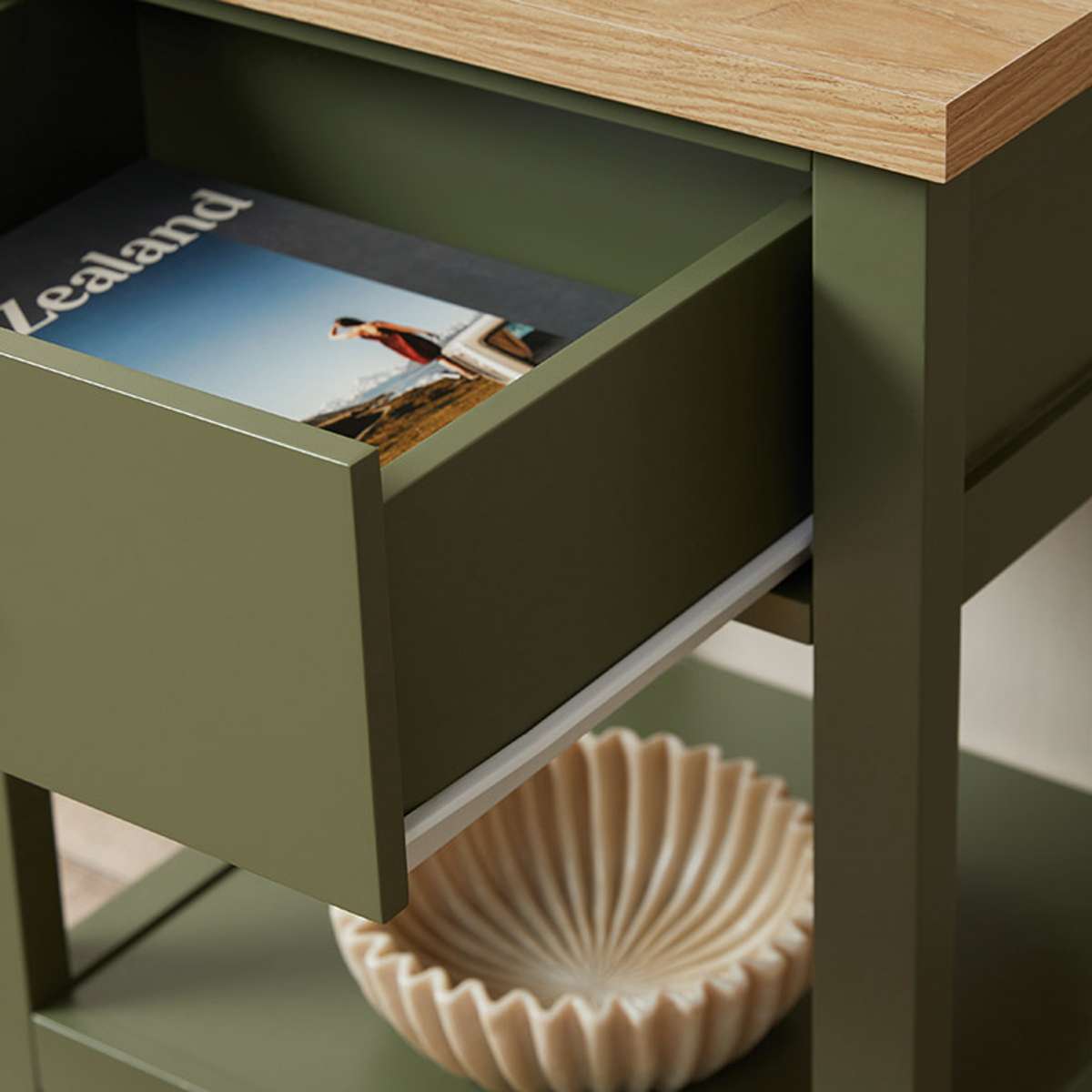 Hastings Bedside Table - Olive Green/Natural - Mocka New Zealand