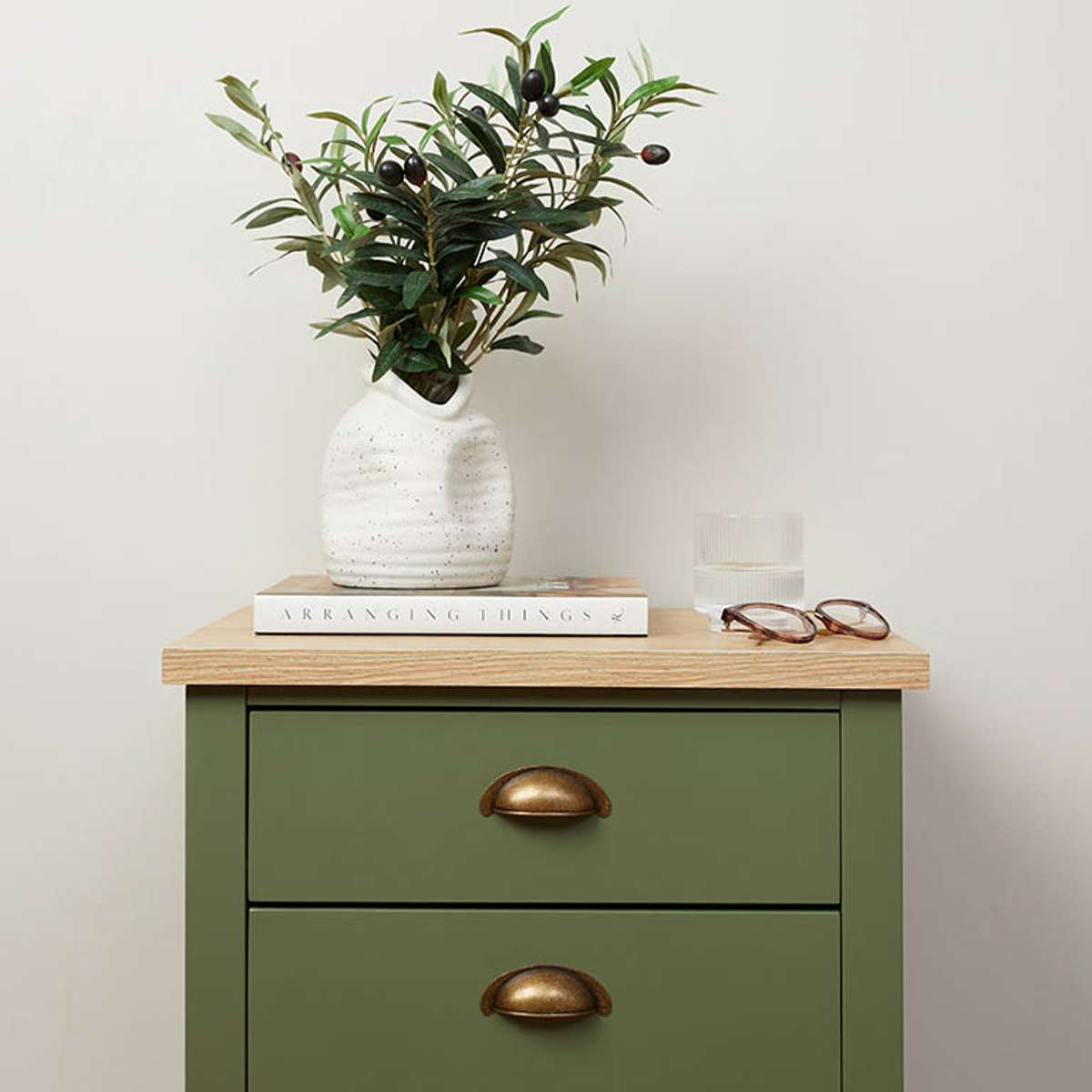 Hastings Three Drawer Bedside Table - Olive Green/Natural - Mocka New Zealand