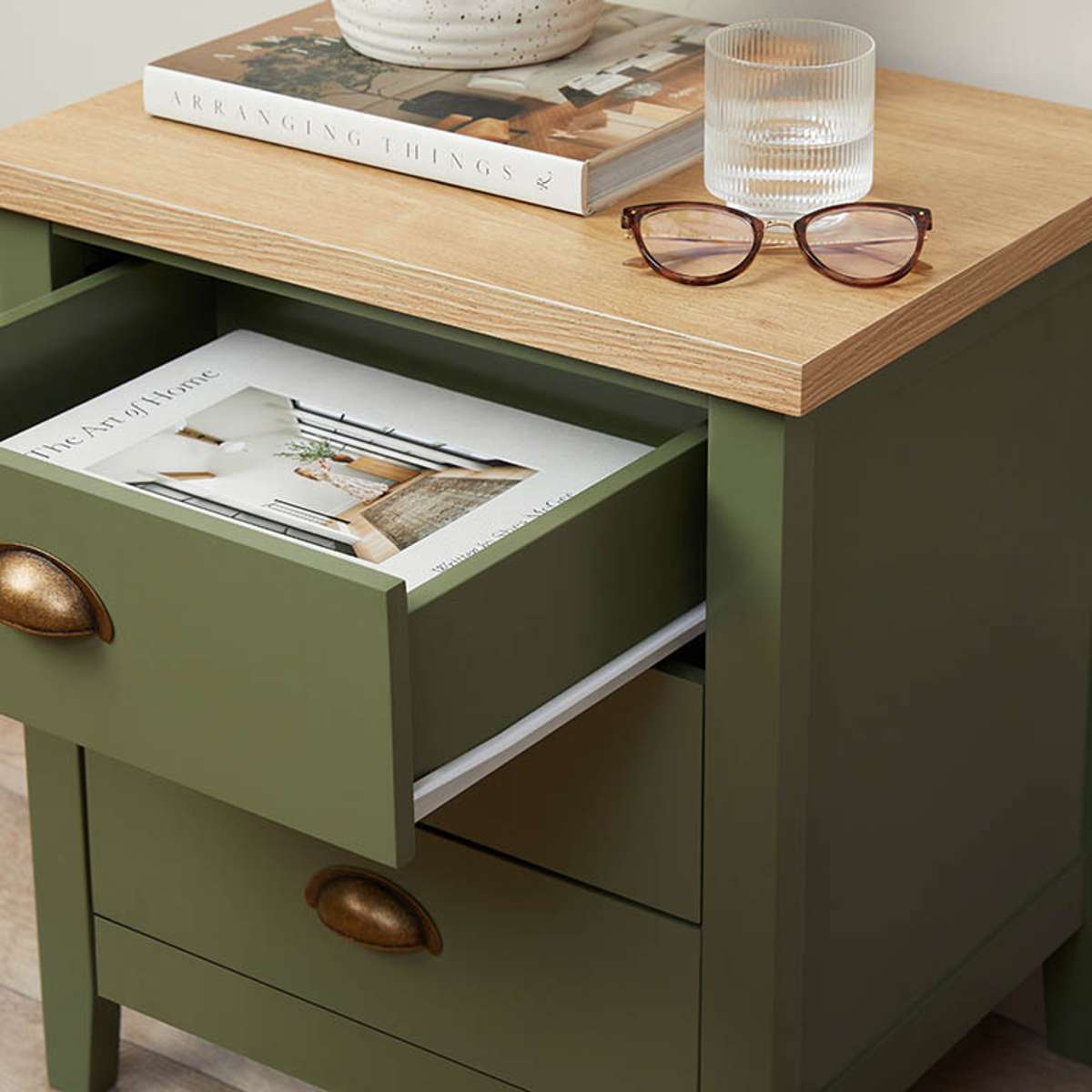 Hastings Three Drawer Bedside Table - Olive Green/Natural - Mocka New Zealand
