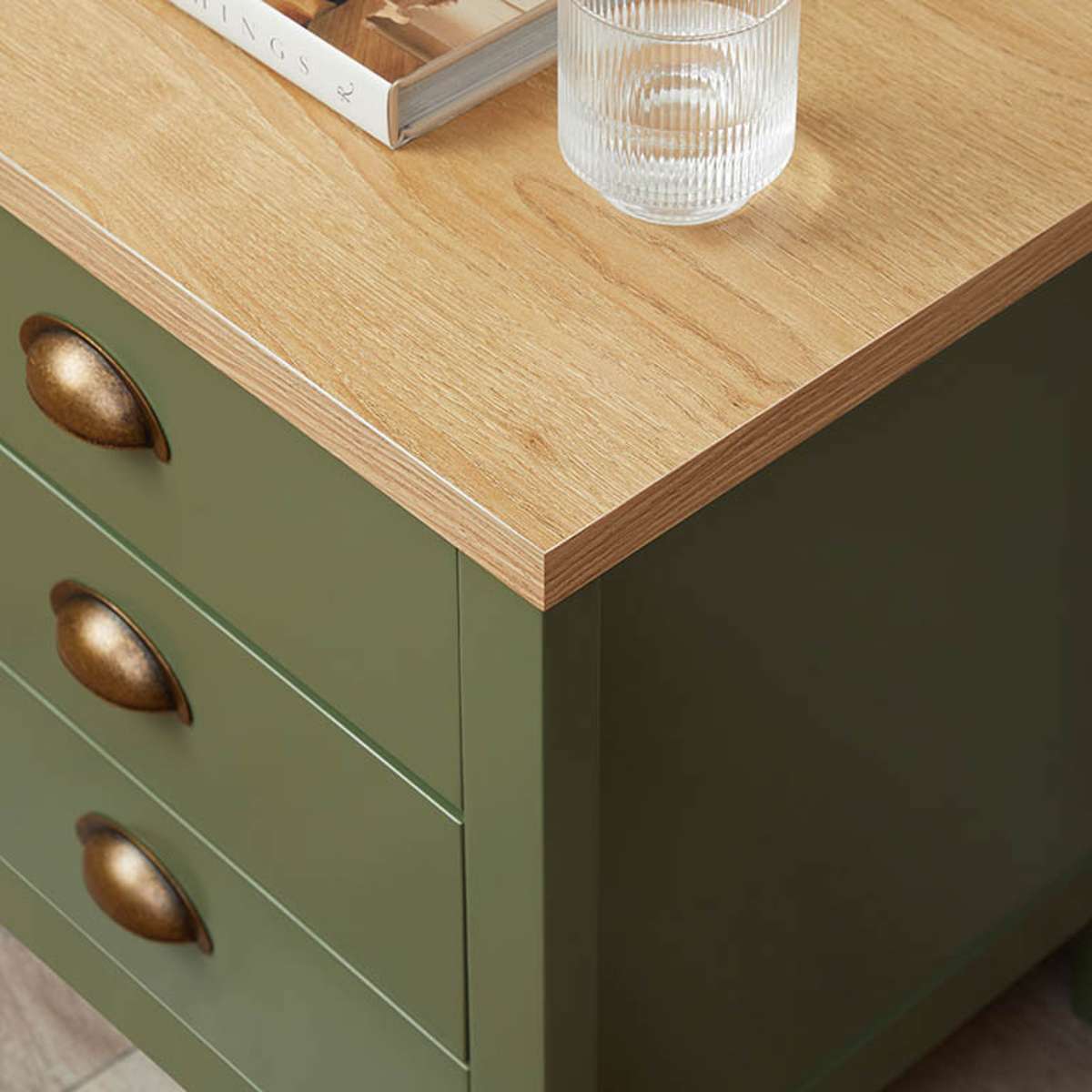 Hastings Three Drawer Bedside Table - Olive Green/Natural - Mocka New Zealand