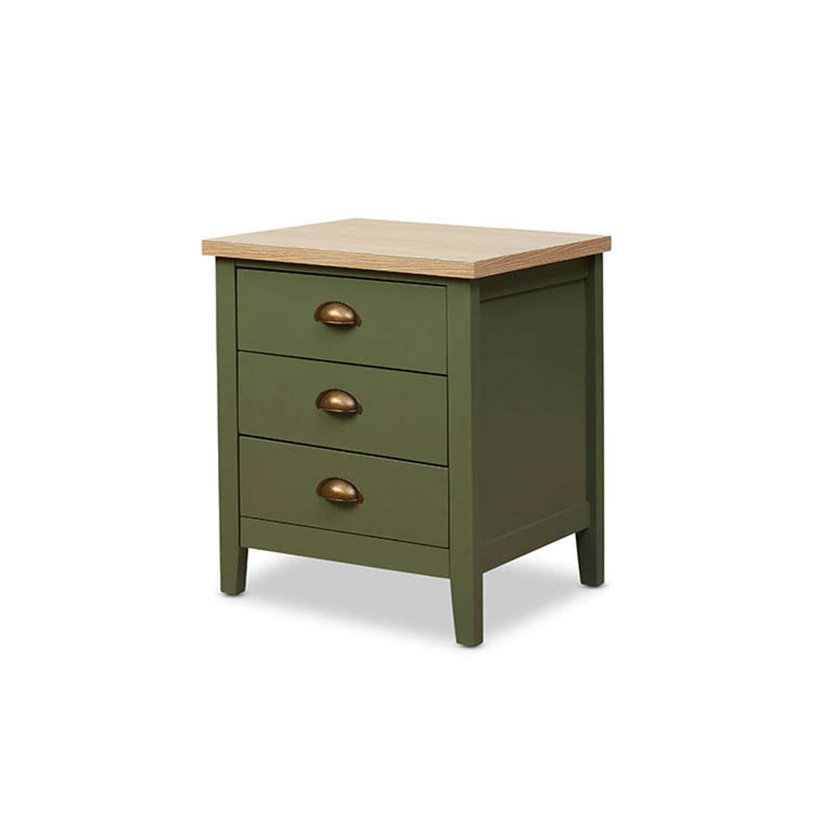 Hastings Three Drawer Bedside Table - Olive Green/Natural - Mocka New Zealand