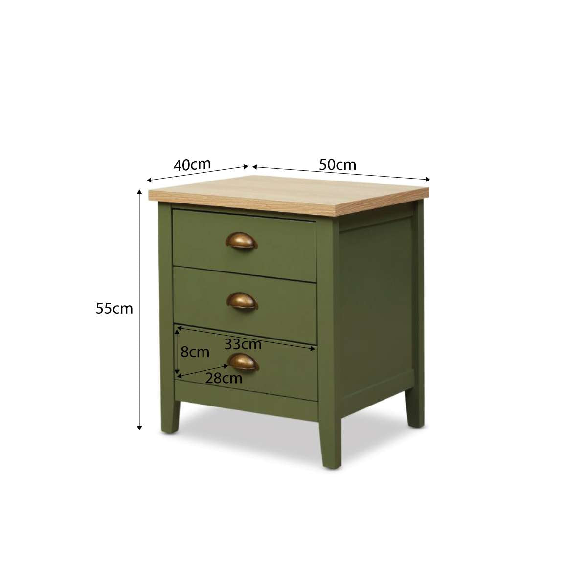 Hastings Three Drawer Bedside Table - Olive Green/Natural - Mocka New Zealand