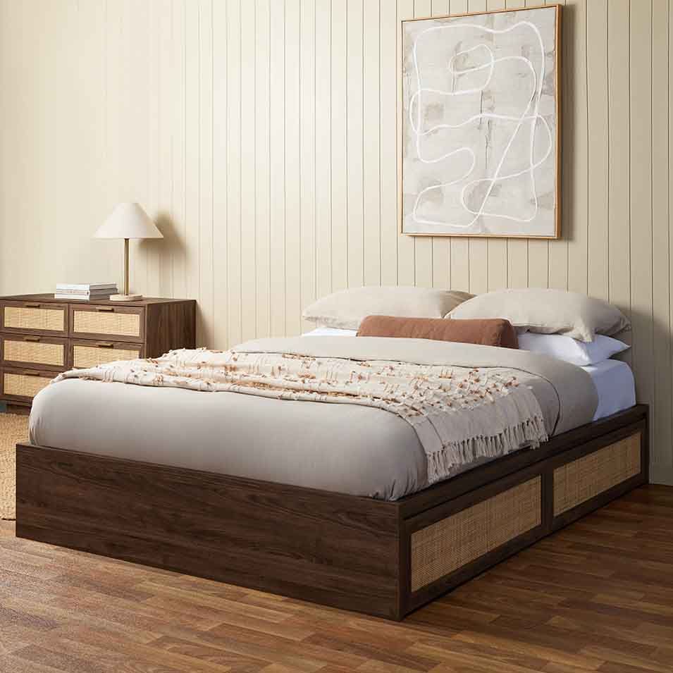 Noosa Rattan Queen Storage Bed Base - Walnut - Mocka New Zealand