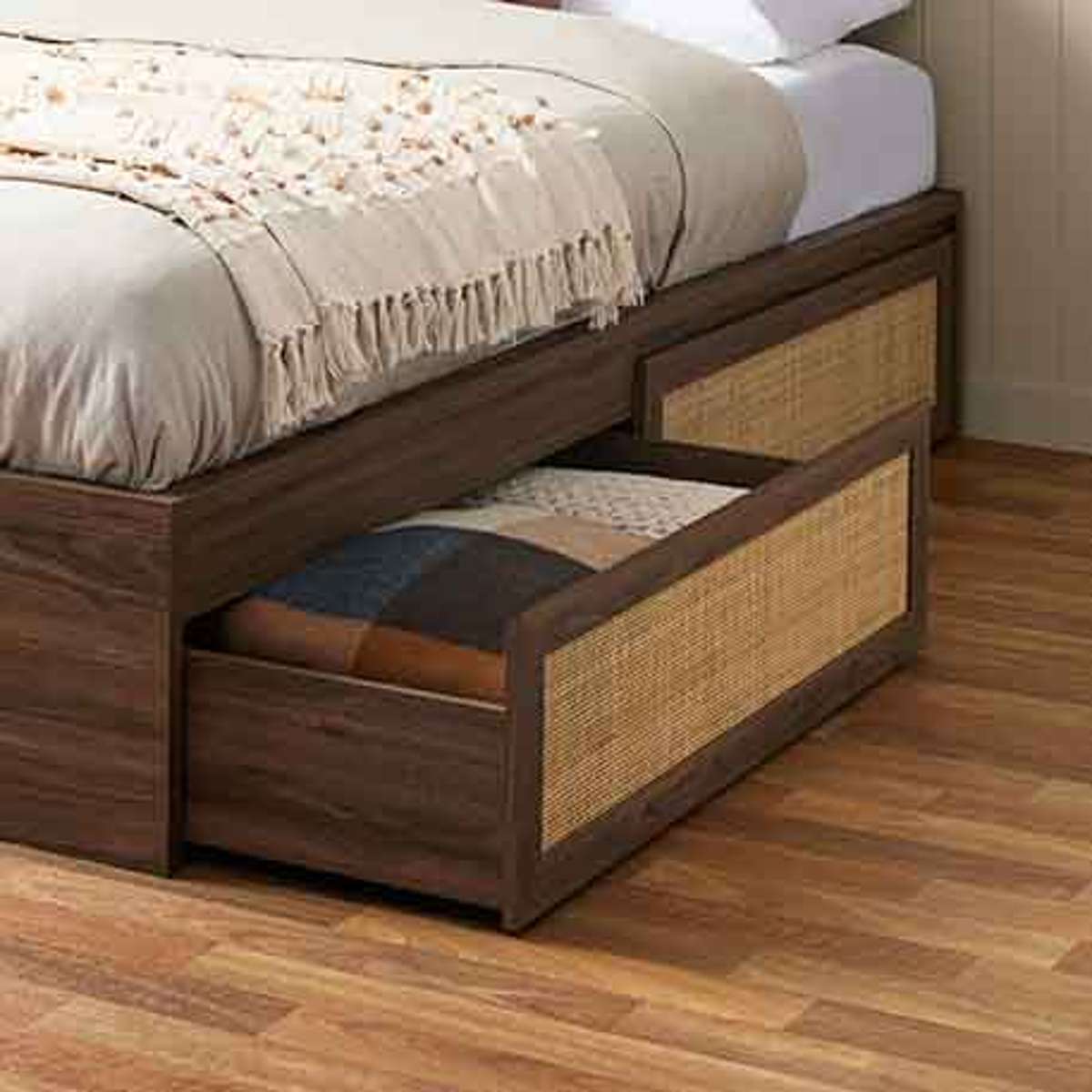 Noosa Rattan Queen Storage Bed Base - Walnut - Mocka New Zealand