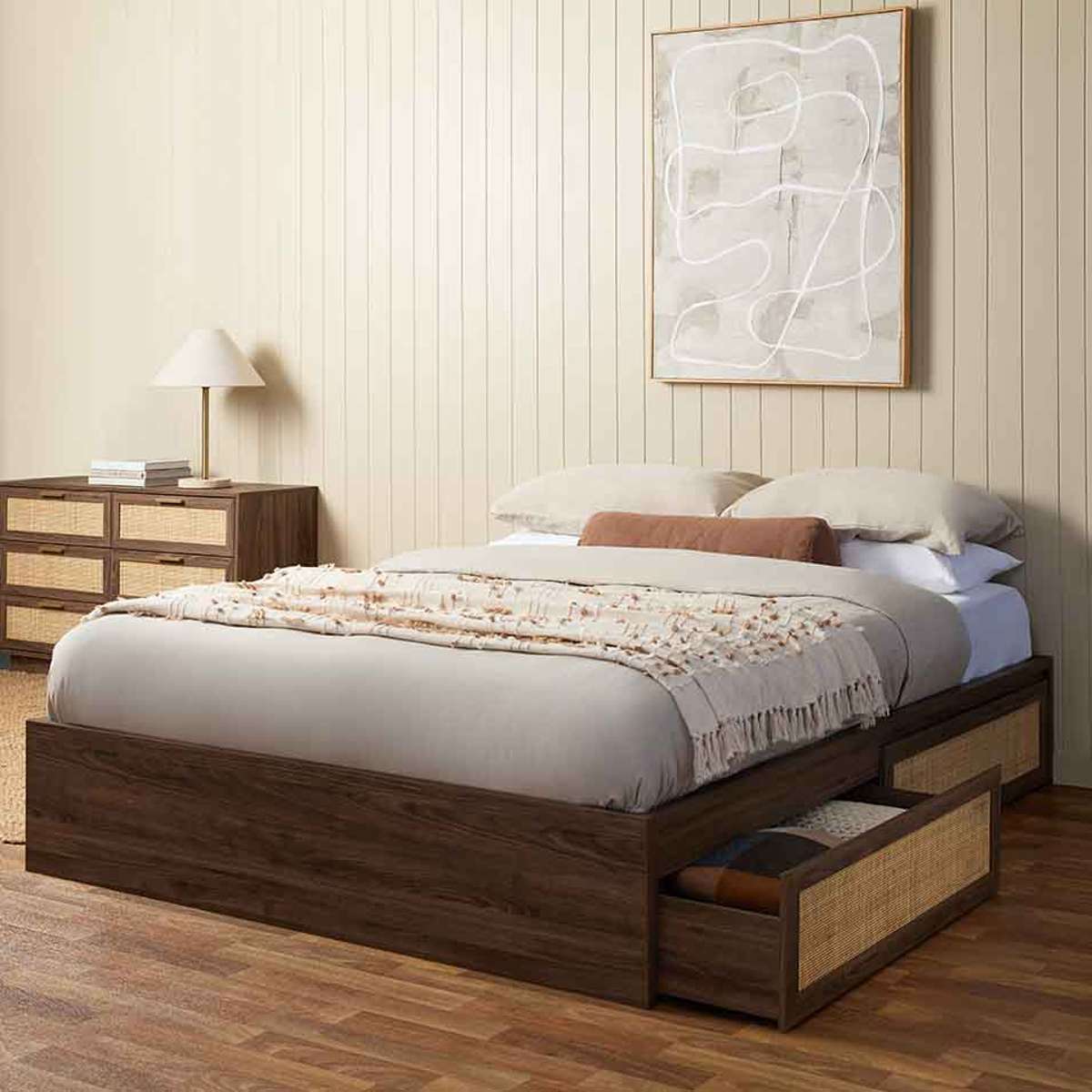 Noosa Rattan Queen Storage Bed Base - Walnut - Mocka New Zealand