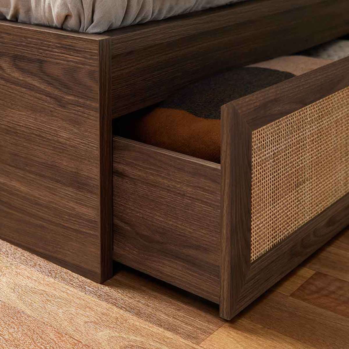 Noosa Rattan Queen Storage Bed Base - Walnut - Mocka New Zealand