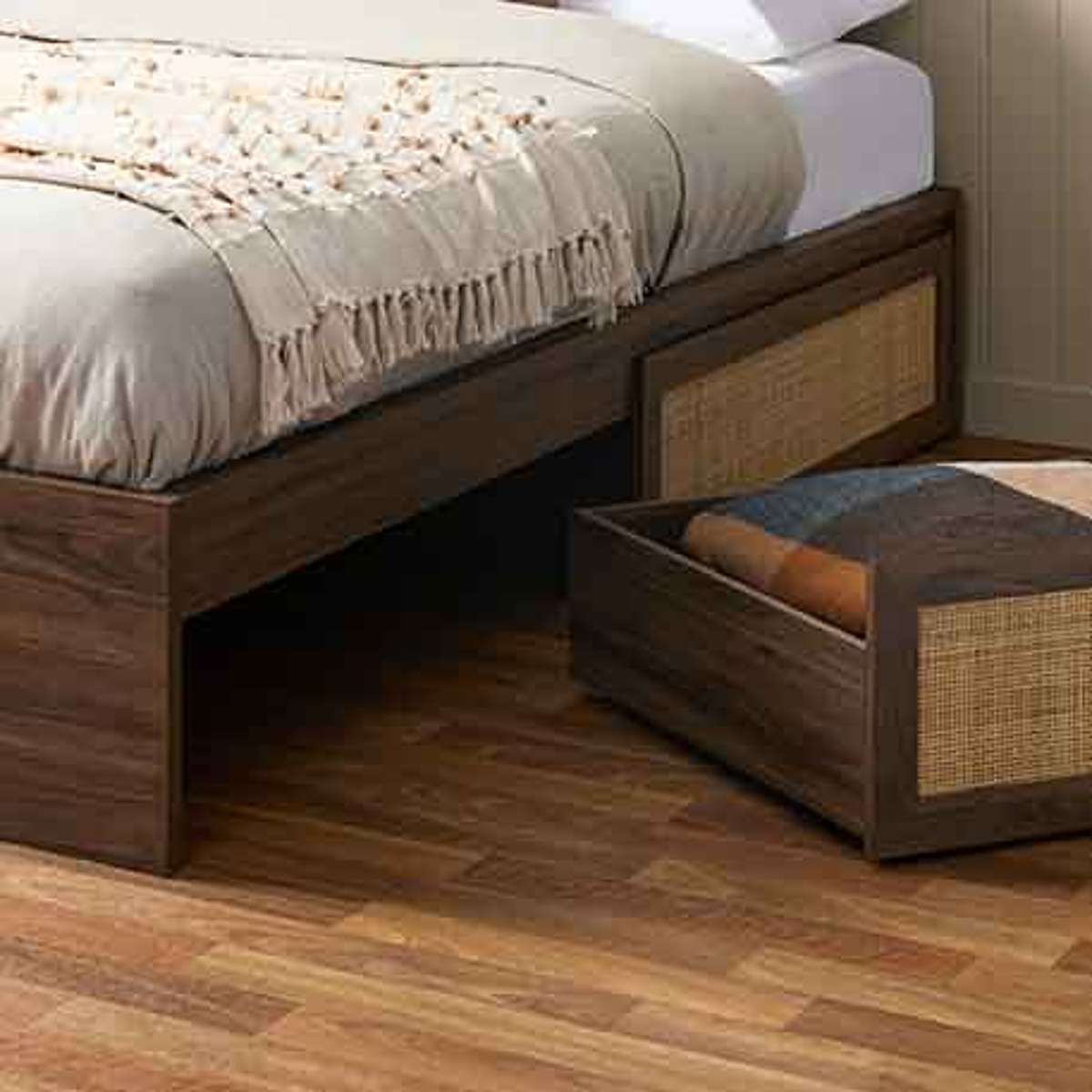 Noosa Rattan Queen Storage Bed Base - Walnut - Mocka New Zealand