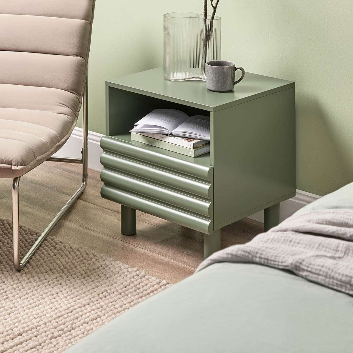 Theodore Ribbed Bedside Table - Green - Mocka New Zealand