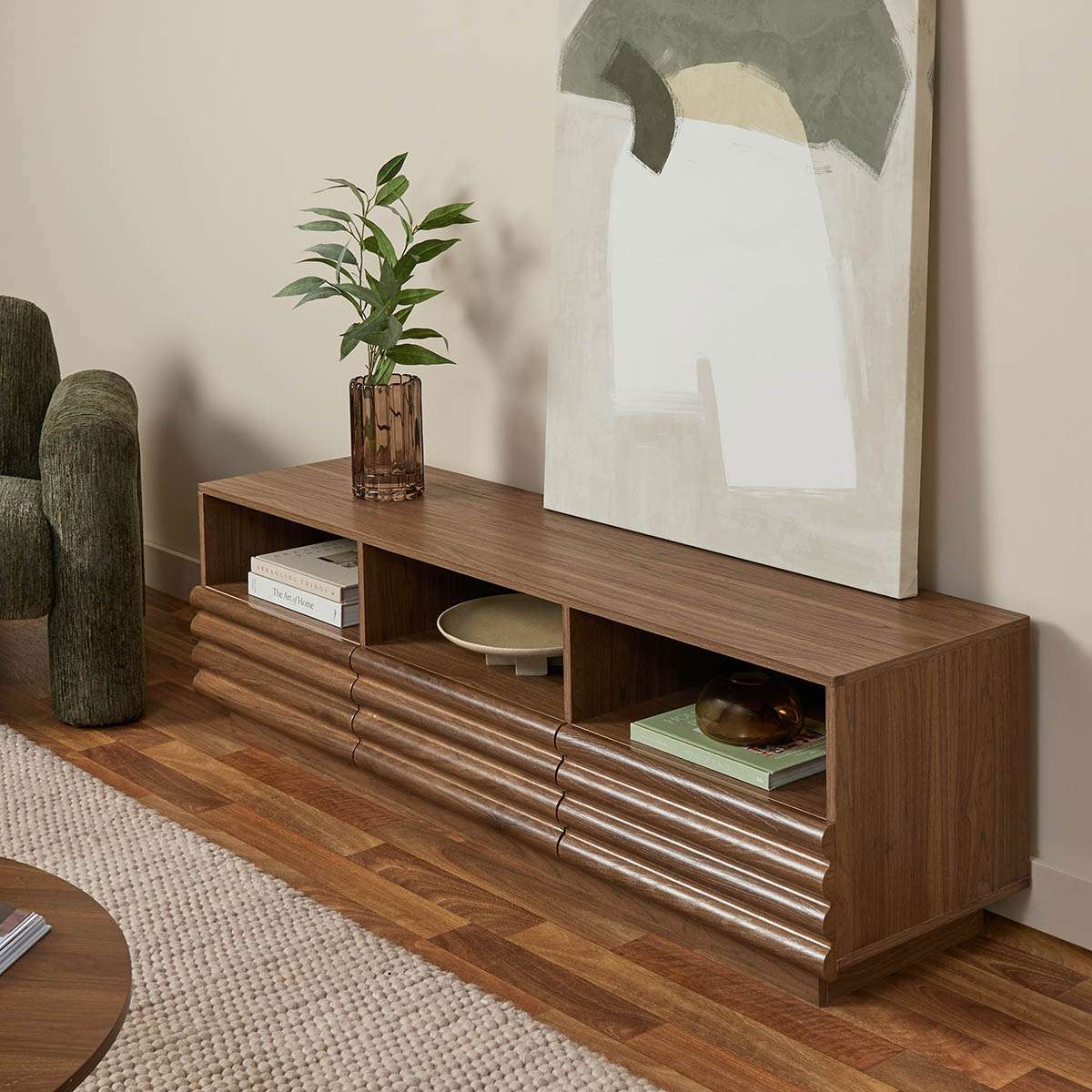 Theodore Ribbed Entertainment Unit - Walnut - Mocka New Zealand