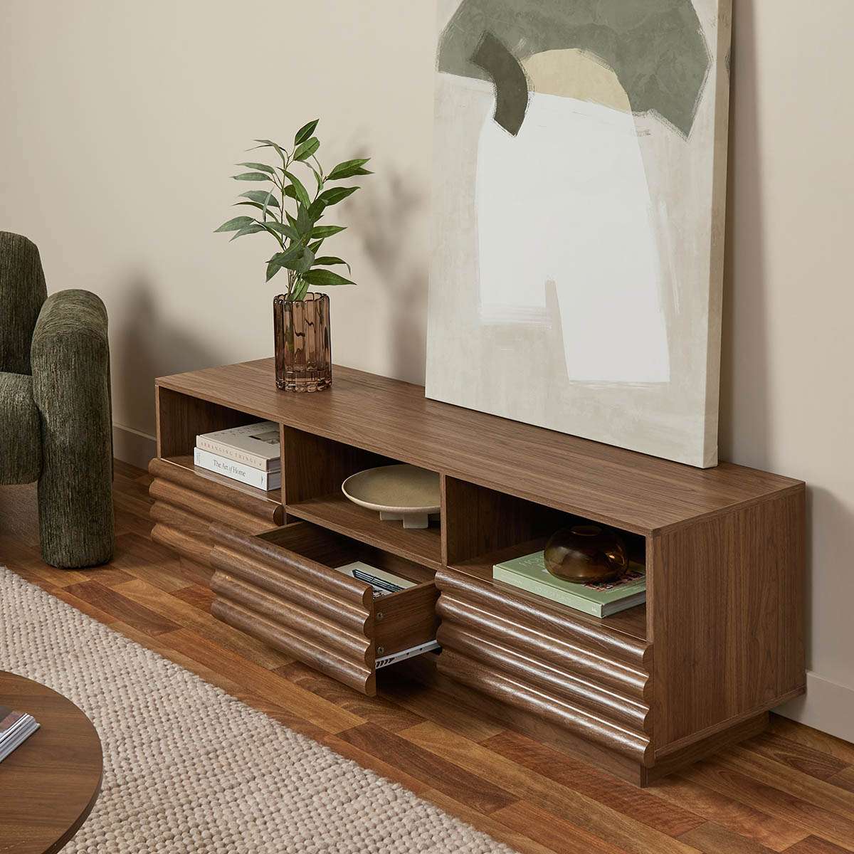 Theodore Ribbed Entertainment Unit - Walnut - Mocka New Zealand