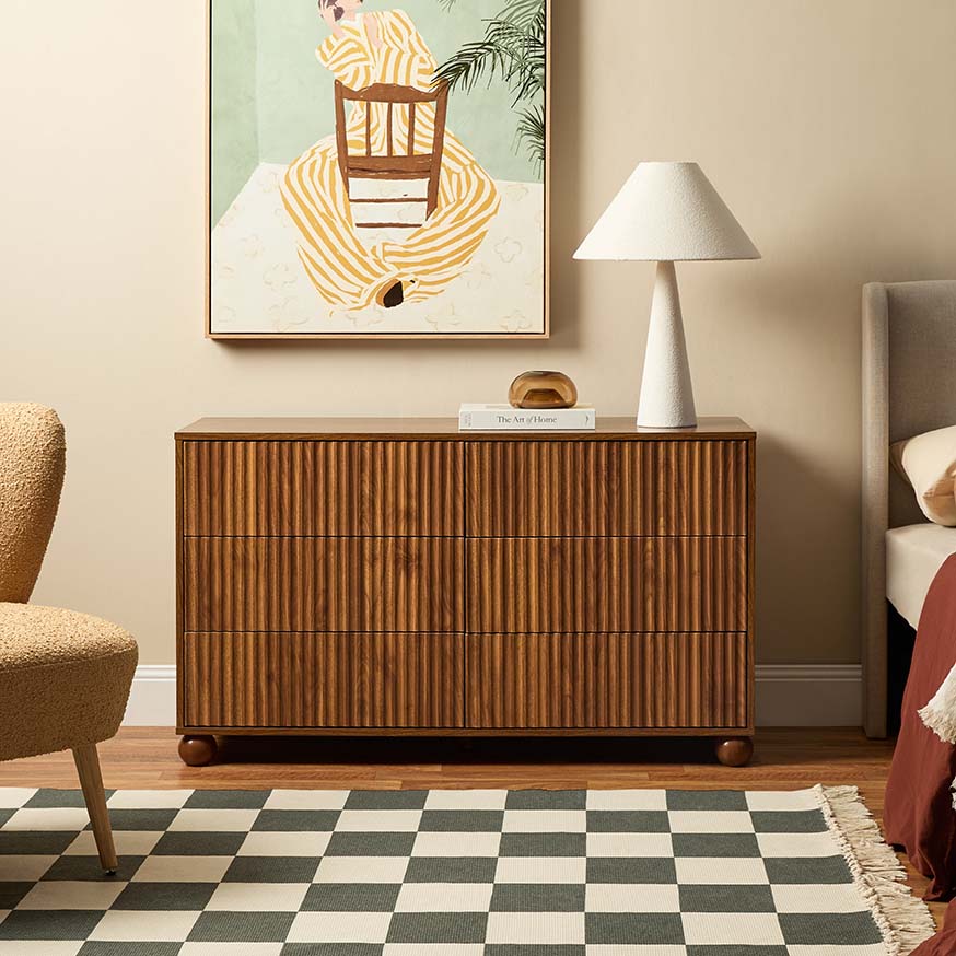 Deven Ball Feet Six Drawer - Walnut - Mocka New Zealand