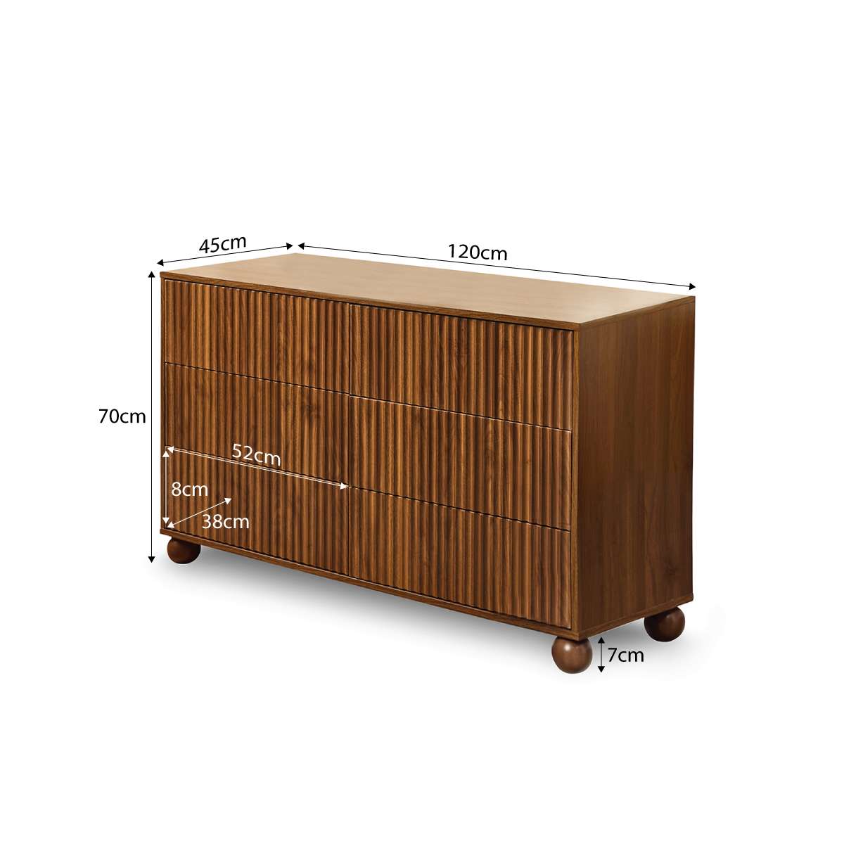 Deven Ball Feet Six Drawer - Walnut - Mocka New Zealand