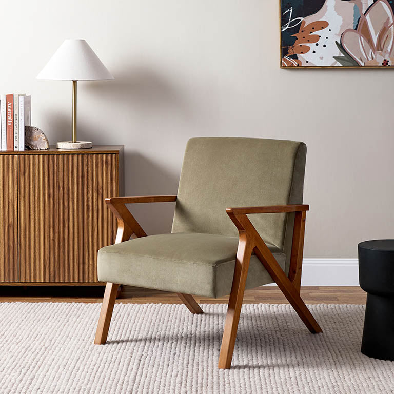Ray Velvet Occasional Chair - Sage/Walnut - Mocka New Zealand