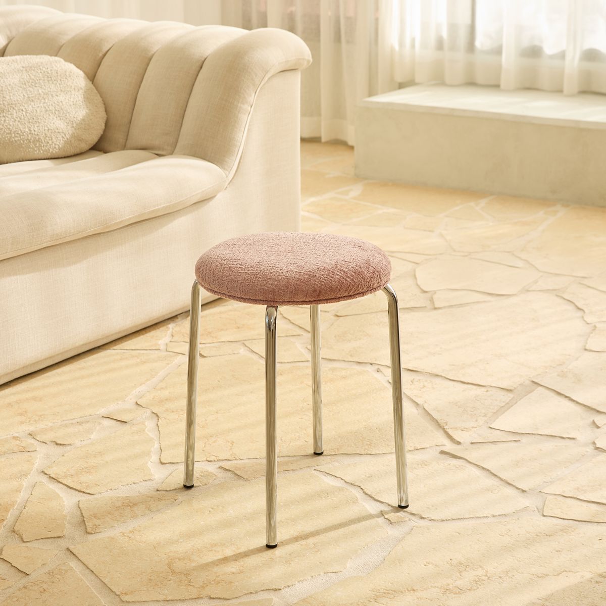 Vivi Chrome Stool - Pink Chenille - Mocka New Zealand