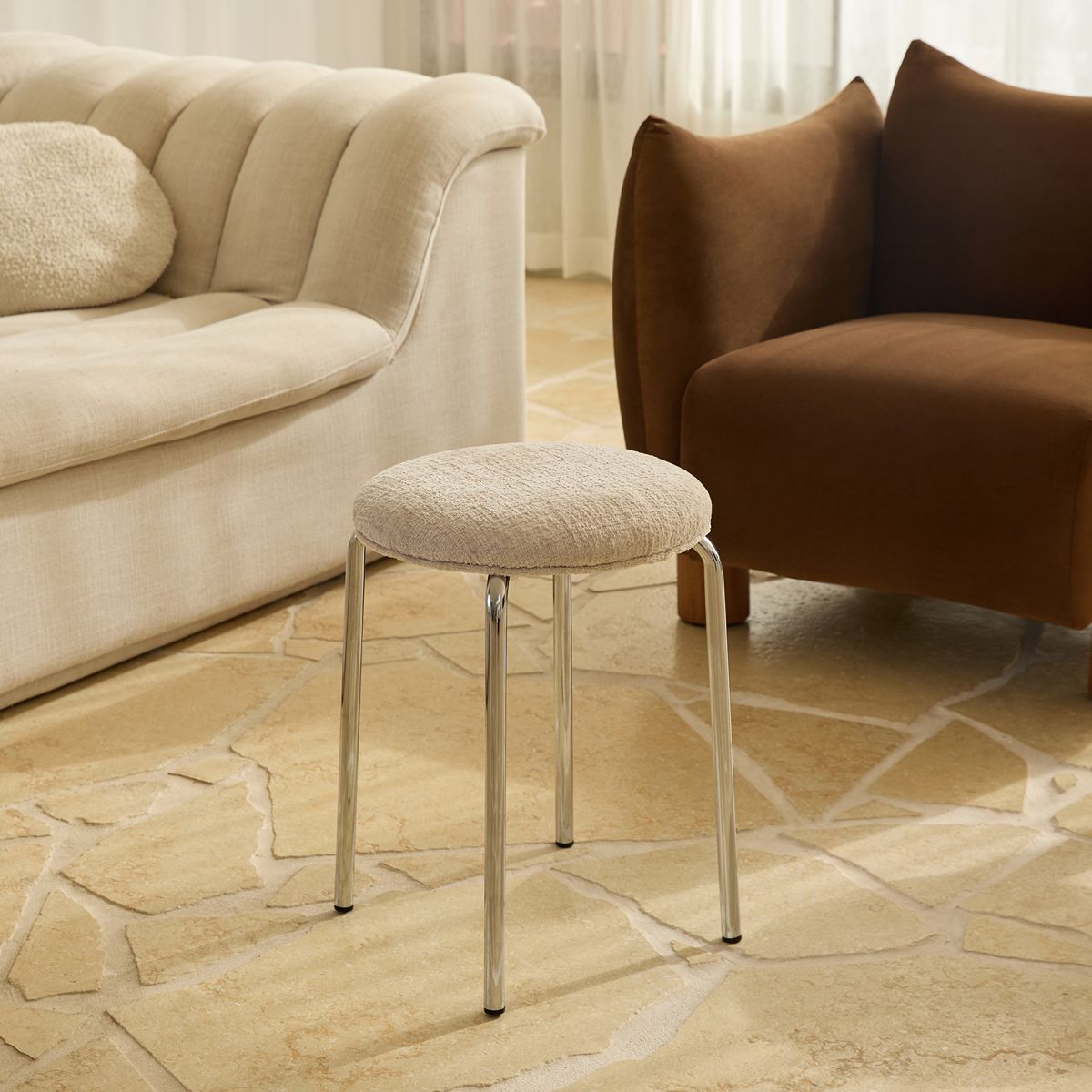 Vivi Chrome Stool - Cream Chenille - Mocka New Zealand