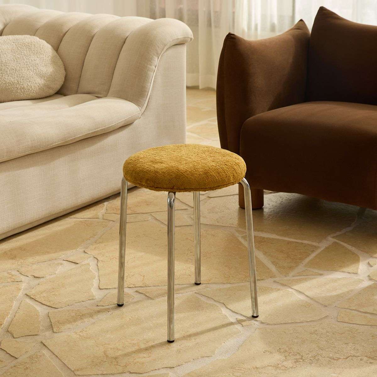 Vivi Chrome Stool - Mustard Chenille - Mocka New Zealand