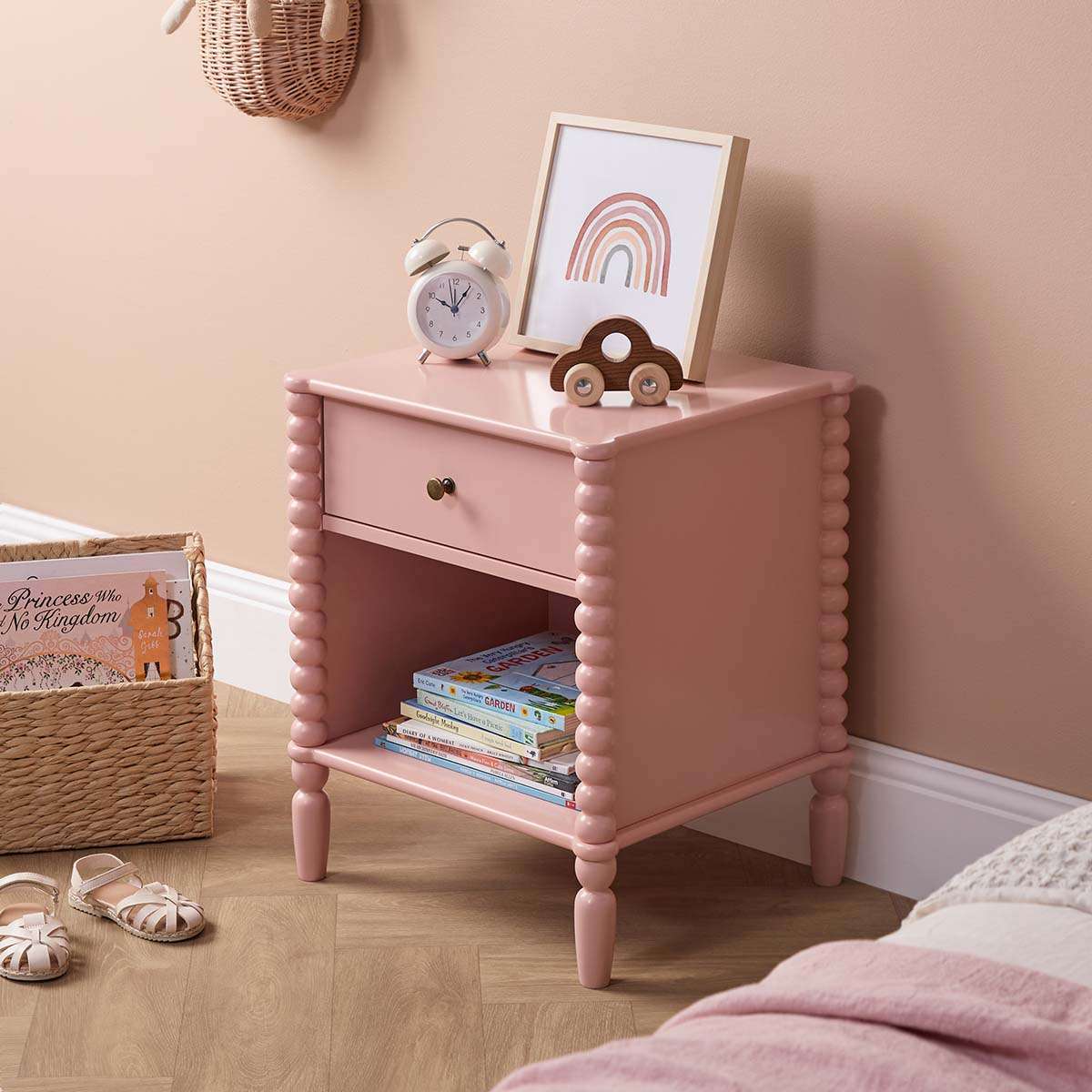 Betti Bobbin One Drawer Bedside Table - Pink - Mocka New Zealand