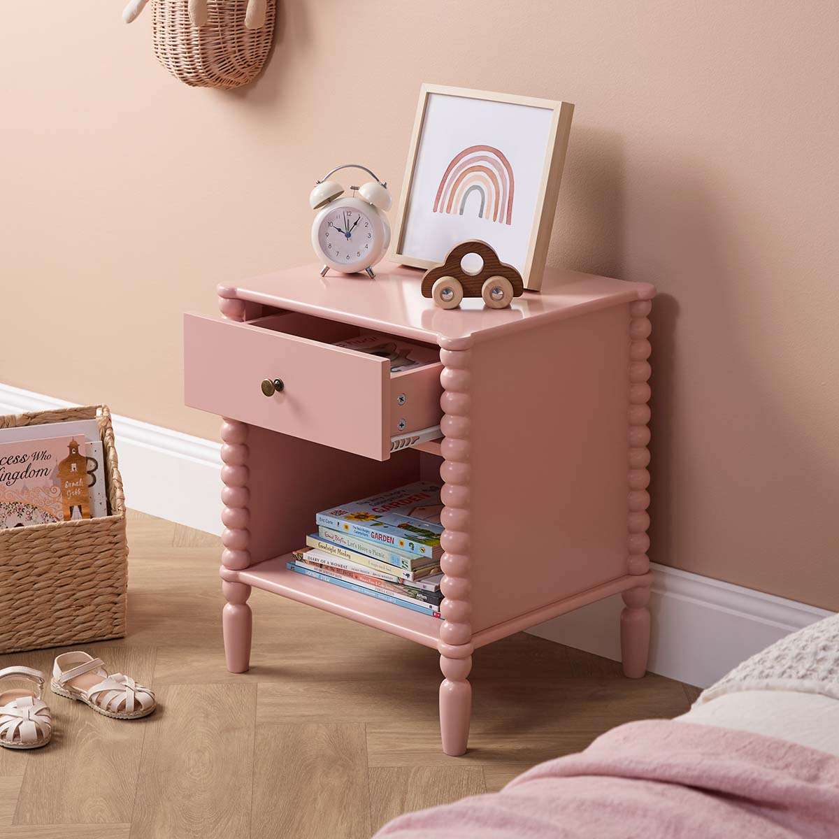 Betti Bobbin One Drawer Bedside Table - Pink - Mocka New Zealand