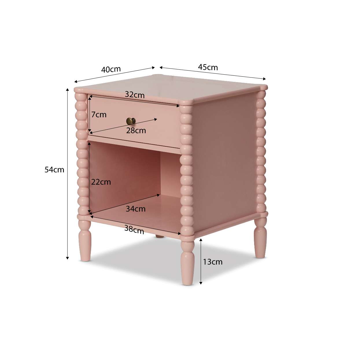 Betti Bobbin One Drawer Bedside Table - Pink - Mocka New Zealand