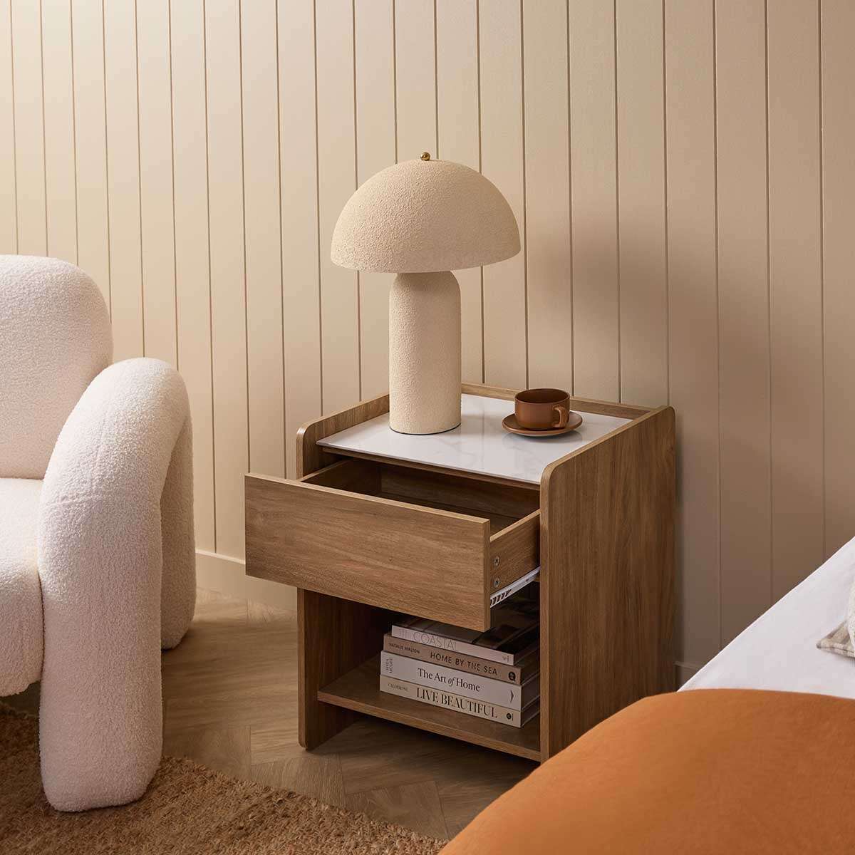 Avery Stone Top Bedside Table - Pecan - Mocka New Zealand