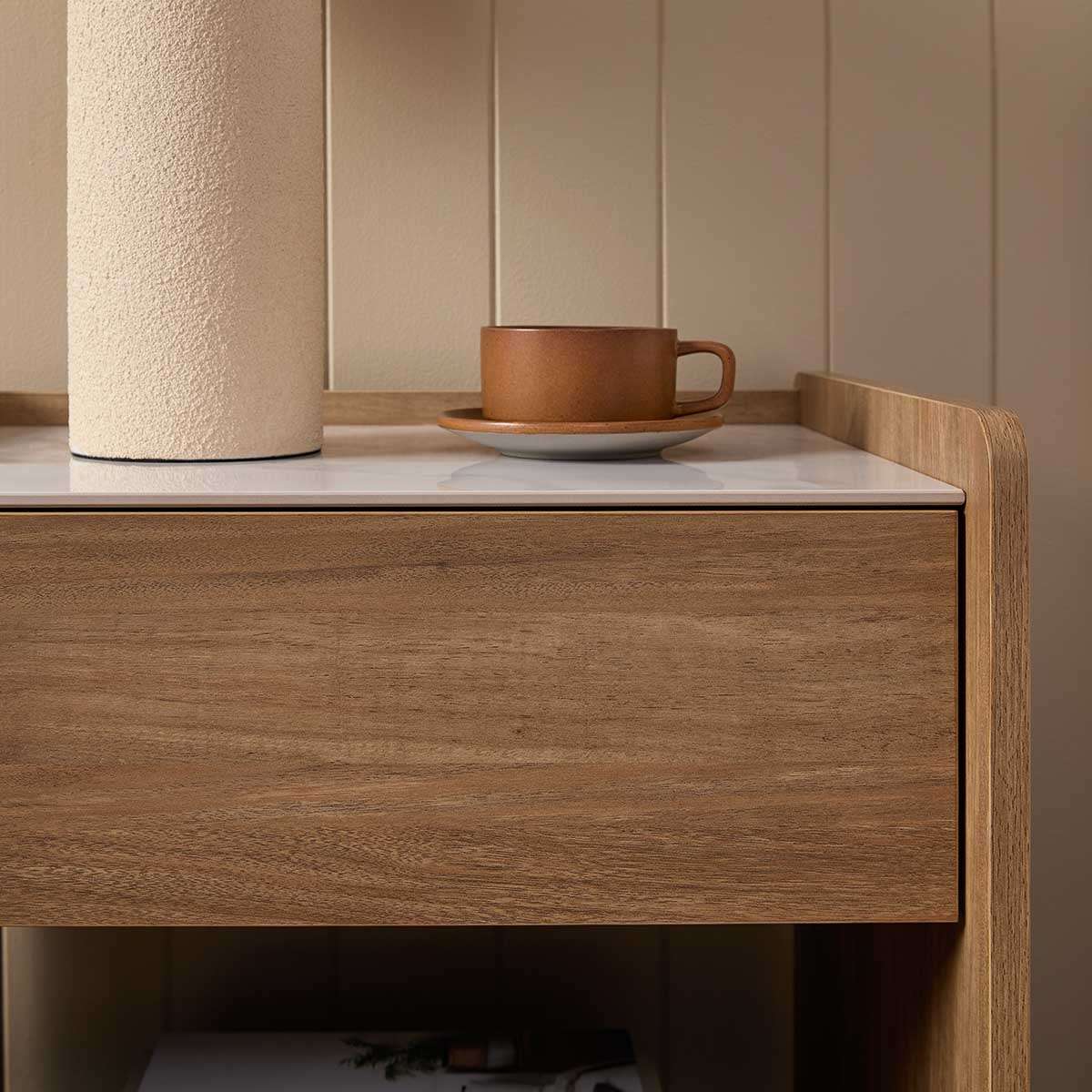 Avery Stone Top Bedside Table - Pecan - Mocka New Zealand