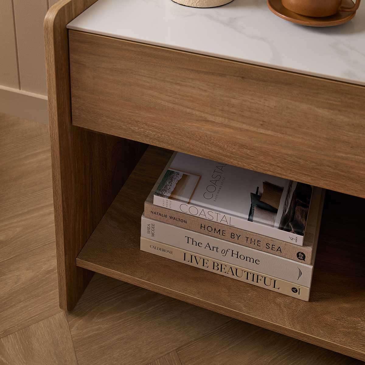 Avery Stone Top Bedside Table - Pecan - Mocka New Zealand