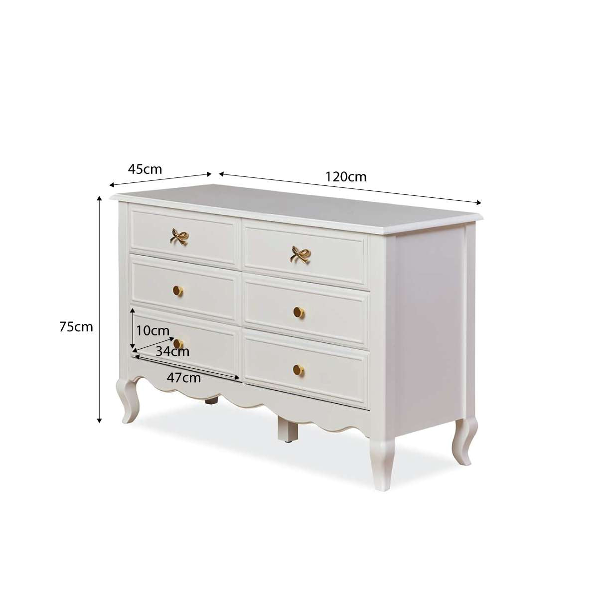 Emmeline Six Drawer with Bows - White