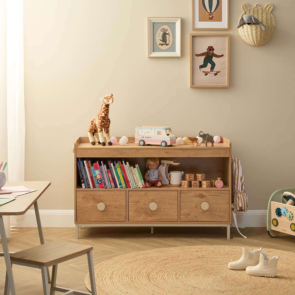 Spotty Book Storage with Toy Drawer Organiser - Cream - Mocka New Zealand