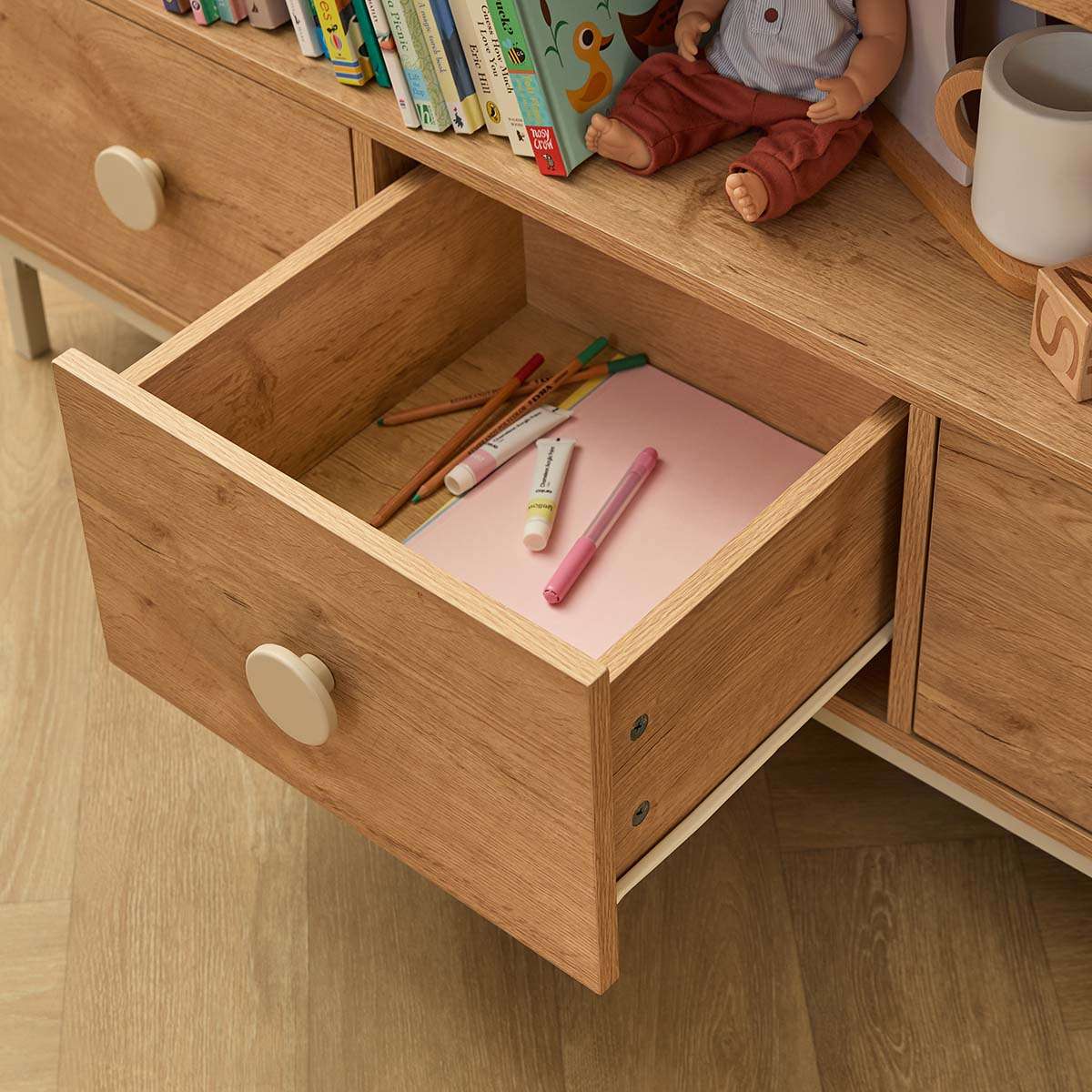 Spotty Book Storage with Toy Drawer Organiser - Cream - Mocka New Zealand