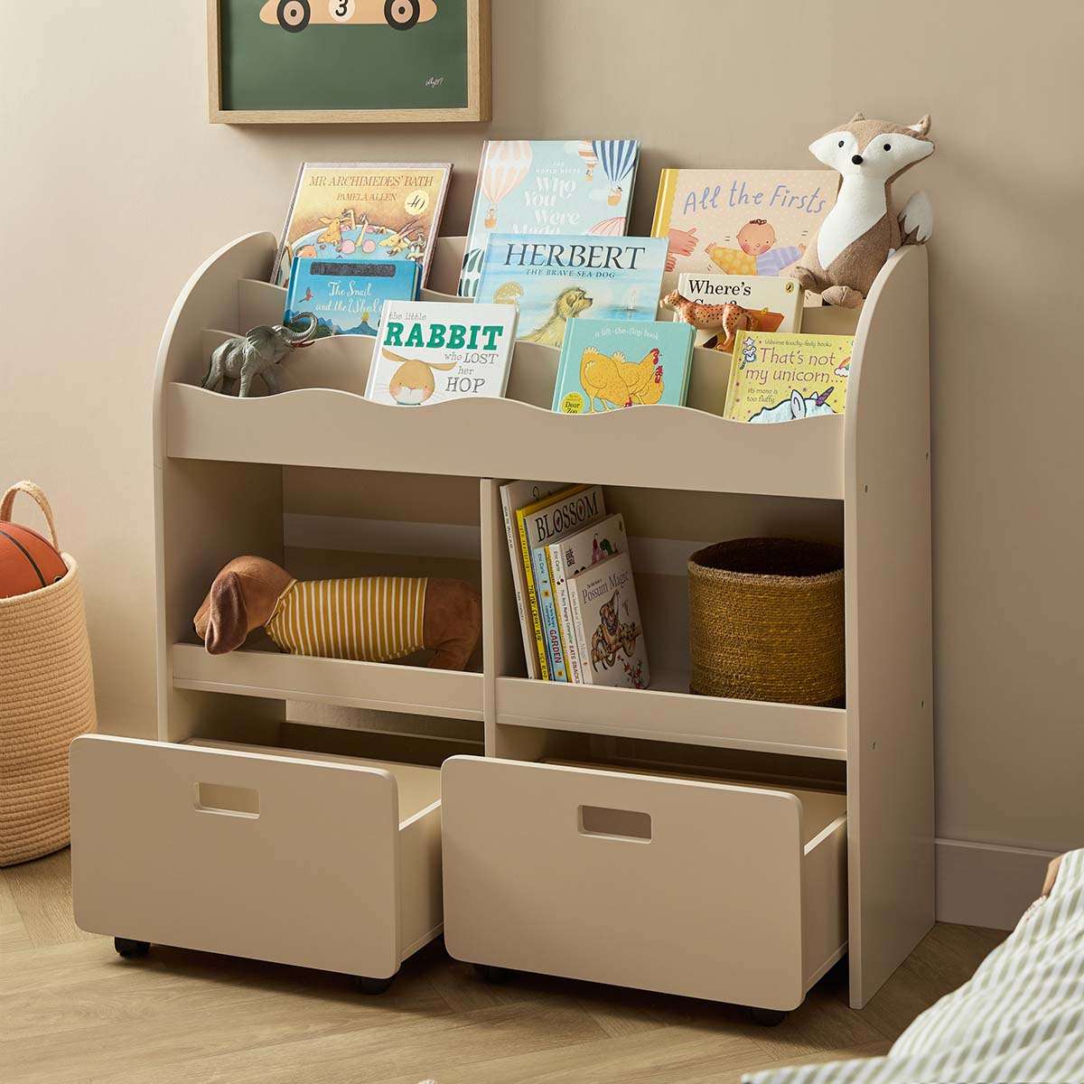 Theo Kids Bookshelf And Toy Drawer Organiser - Beige