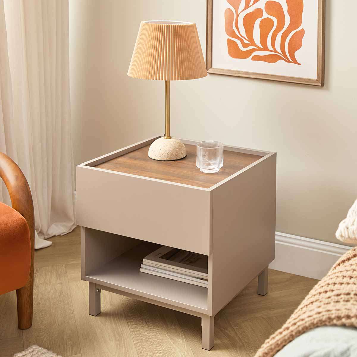 Murphy Bedside Table - Stone/Walnut