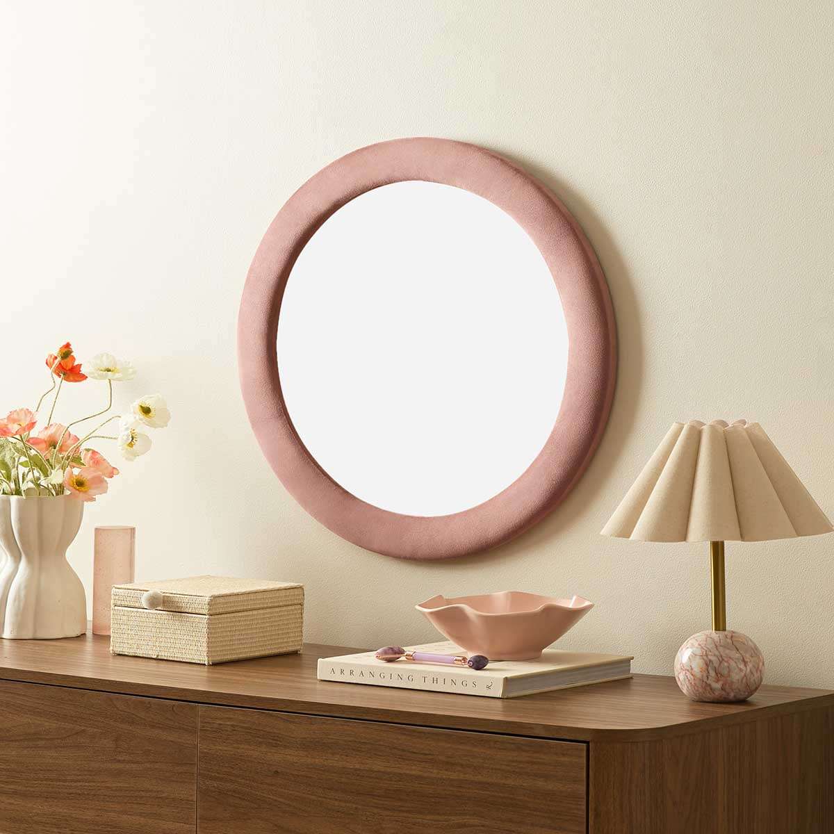 Lennon Upholstered Round Wall Mirror - Dusty Rose