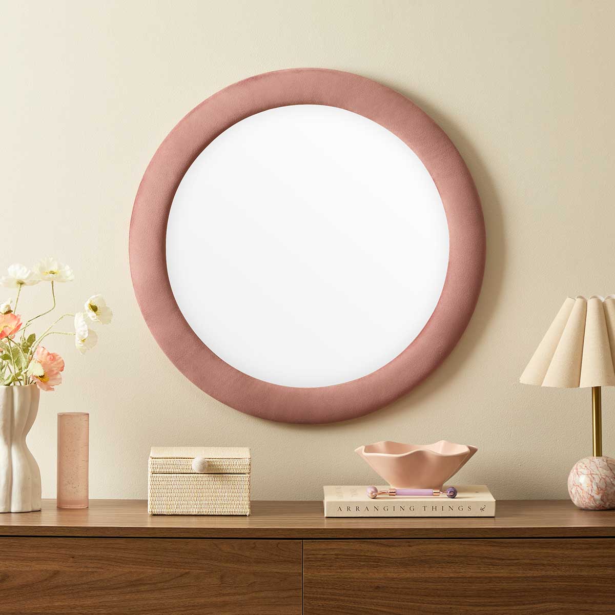 Lennon Upholstered Round Wall Mirror - Dusty Rose