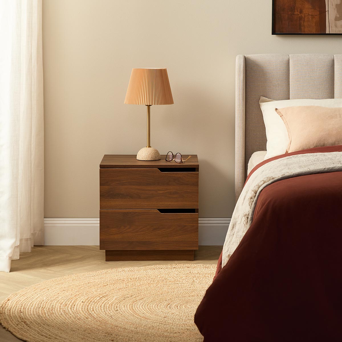 Zack Two Drawer Bedside Table - Walnut