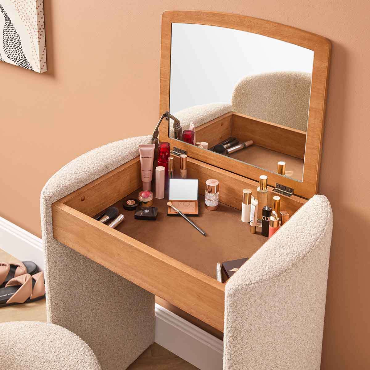 Hailey Makeup Table and Storage Stool - Cream/Walnut