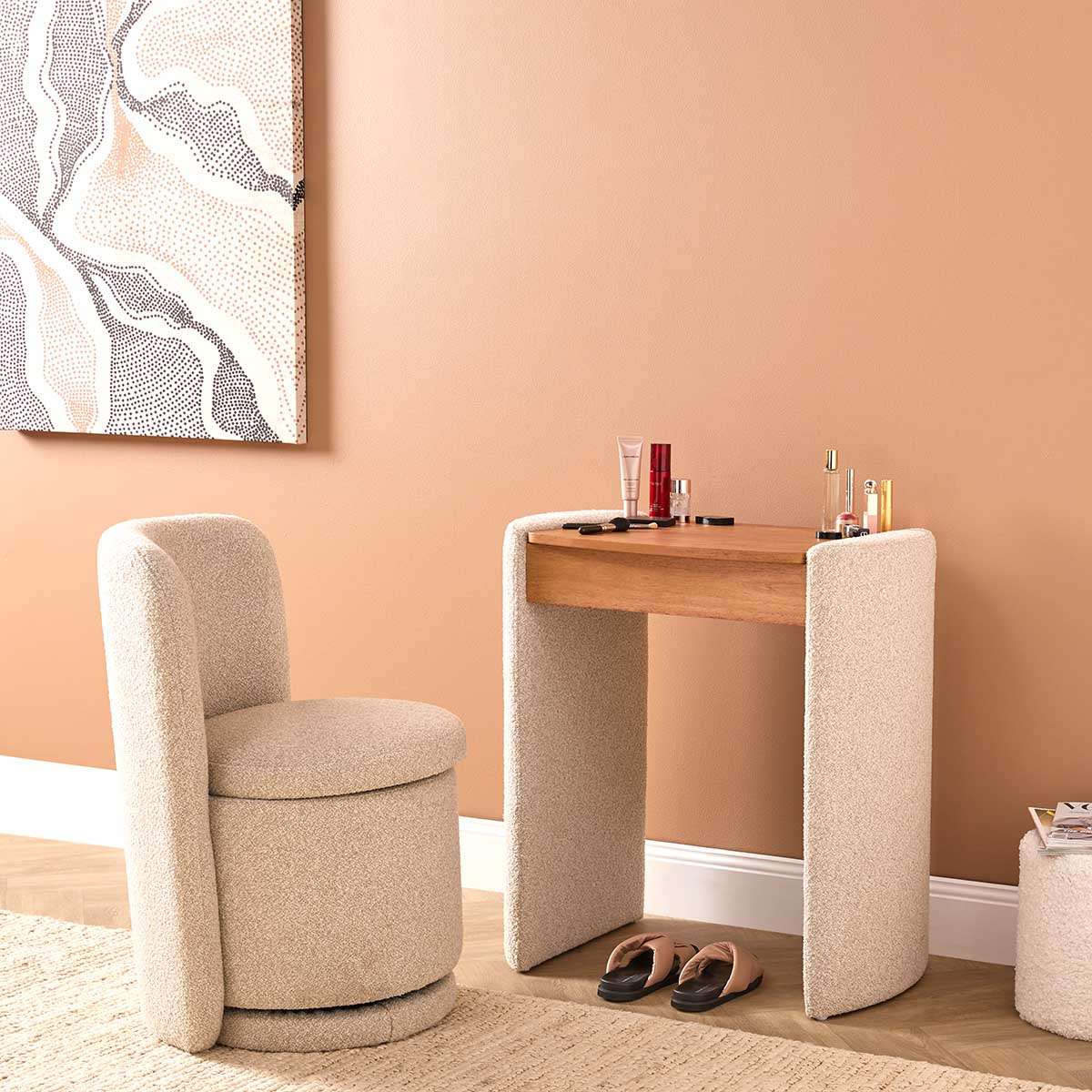 Hailey Makeup Table and Storage Stool - Cream/Walnut