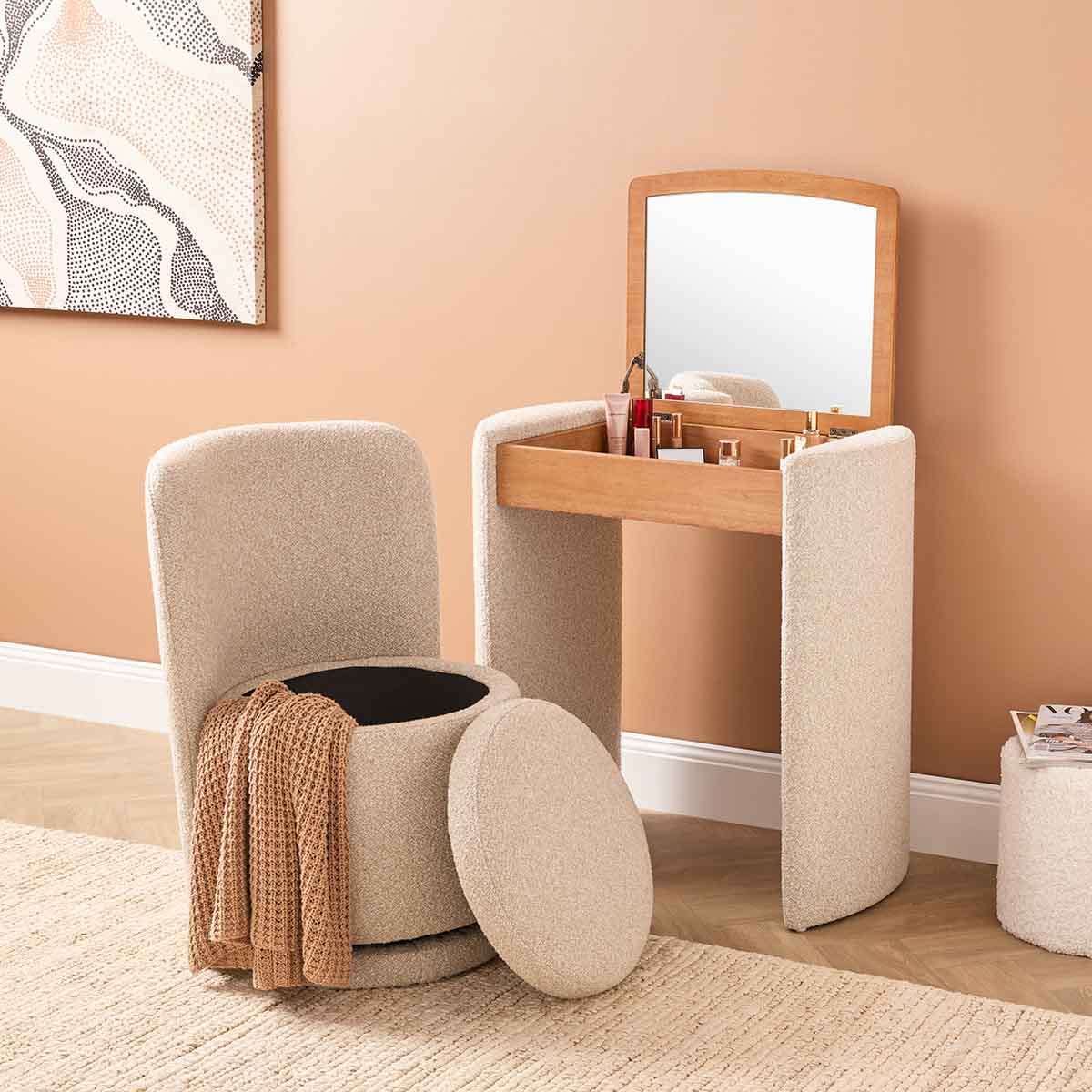 Hailey Makeup Table and Storage Stool - Cream/Walnut