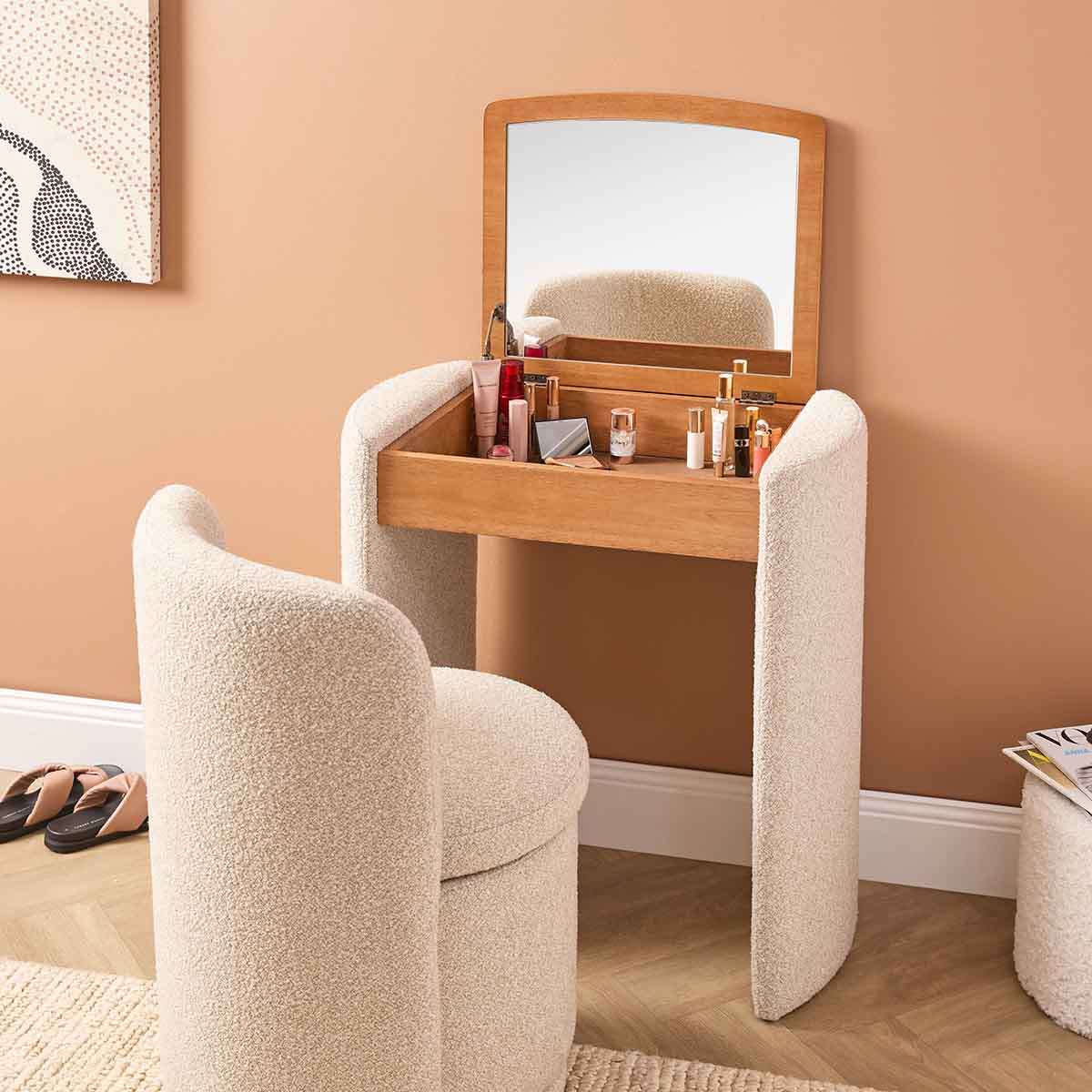 Hailey Makeup Table and Storage Stool - Cream/Walnut